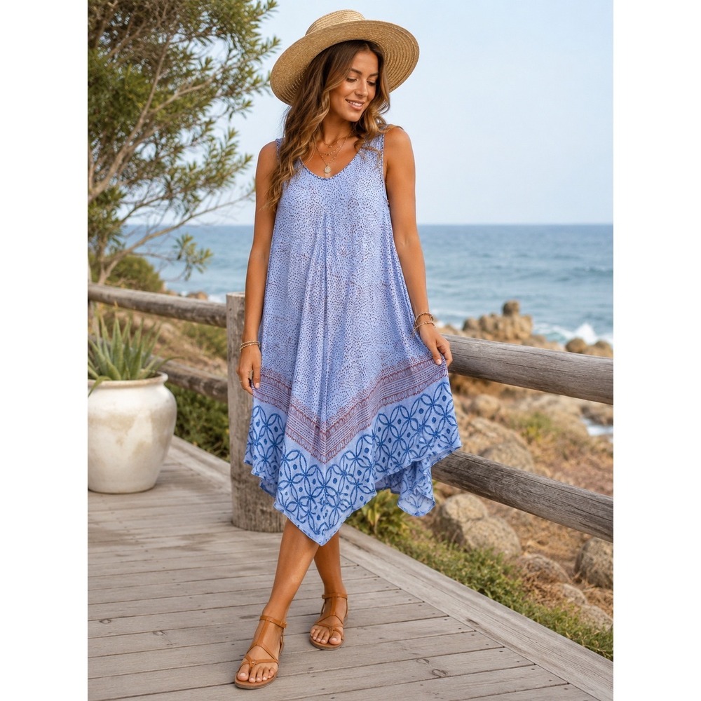 Shoreline Block Print Midi Swing Dress Sleeveless Blue One Size Boho Cover Up